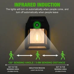 LAMPADA DA PARETE SOLARE SENSORE MOVIMENTO LUCE TUNGSTENO LED APPLIQUE IP65 NERO