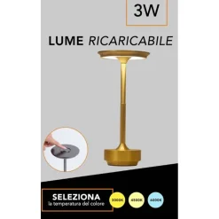 LAMPADA DA TAVOLO MODERNA 3W LUME RICARICABILE TOUCH DIMMERABILE TECNOLOGIA CCT D38-3C