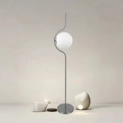 LAMPADA DA TERRA ARGENTO CON SFERA VETRO BIANCO PIANTANA E27 DESIGN MODERNO 33900