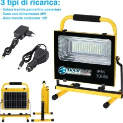 LAMPADA FARO LAVORO PORTATILE CON PANNELLO SOLARE 100W 1000LM LUCE EMERGENZA SOS