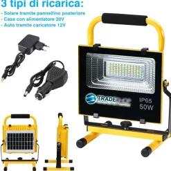 LAMPADA FARO LAVORO PORTATILE CON PANNELLO SOLARE 50W 504LM LUCE EMERGENZA SOS