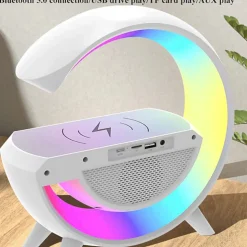 LAMPADA LED CARICABATTERIA WIRELESS CASSA SPEAKER A FORMA G CON SVEGLIA DISPLAY