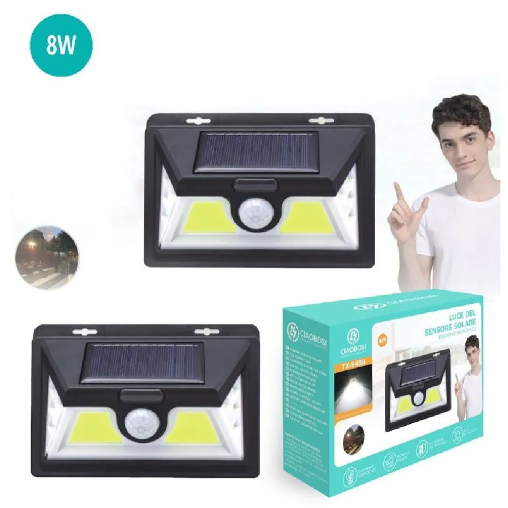 LAMPADA LED COB LUCE RICARICA SOLARE APPLIQUE PARETE SENSORE MOVIMENTO TX-9498