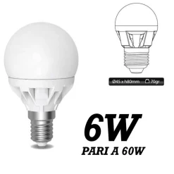 LAMPADA LED 6W WATT E14 490 LUMEN BIANCO CALDO 3000°K SFERA GLOBO OPACA