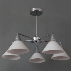 LAMPADARIO 5 BRACCI IN METALLO ARGENTO CON COPPE IN VETRO MODERNO DA SOFFITTO 00880