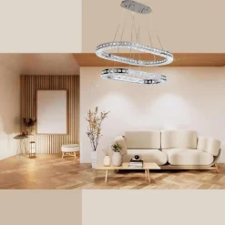LAMPADARIO A LED 46 WATT A SOSPENSIONE DA SOFFITTO CCT CON 2 ANELLI CRISTALLI B49-3C