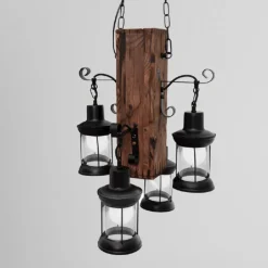 LAMPADARIO A SOSPENSIONE RUSTICO INDUSTRIAL CON LANTERNE E27 LEGNO METALLO B54-4