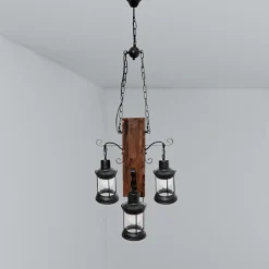 LAMPADARIO A SOSPENSIONE RUSTICO INDUSTRIAL CON LANTERNE E27 LEGNO METALLO B54-4