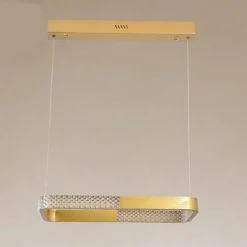 LAMPADARIO A SOSPENSIONE LED 18W RETTANGOLARE ORO CRISTALLO CON TELECOMANDO 32026