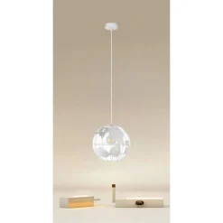 LAMPADARIO A SOSPENSIONE MAPPAMONDO E27 IN METALLO BIANCO SFERA GLOBO SOSPESO 33931