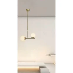 LAMPADARIO A SOSPENSIONE ORO CON 2 SFERE IN VETRO BIANCO OPACO ATTACCO G9 E27 33481