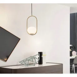 LAMPADARIO A SOSPENSIONE ORO OVALE CON SFERA VETRO ATTACCO E27 MODERNA MINIMAL 32835