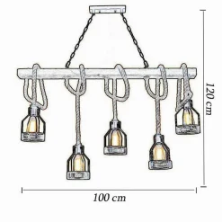 LAMPADARIO A SOSPENSIONE 5 PORTALAMPADA CORDA LAMPADA VINTAGE COUNTRY E27 A91-5