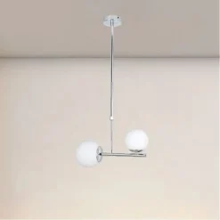 LAMPADARIO A SOSPENSIONE ARGENTO CON 2 SFERE IN VETRO BIANCO ATTACCO G9 E27 33498
