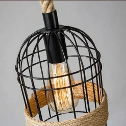 LAMPADARIO A SOSPENSIONE STILE INDUSTRIALE IN METALLO CORDA CANAPA RETRÒ B60-5
