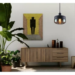 LAMPADARIO A SOSPENSIONE VINTAGE DA SOFFITTO E27 NERO VETRO EFFETTO AMBRATO LP13