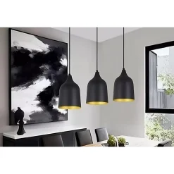 LAMPADARIO A SOSPENSIONE E27 FERRO PARALUME MODERNO CONTEMPORANEO CAMPANA NERO ORO 33290