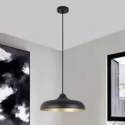 LAMPADARIO A SOSPENSIONE DESIGN MODERNO E27 PARALUME IN FERRO CUPOLA NERO ORO 33320
