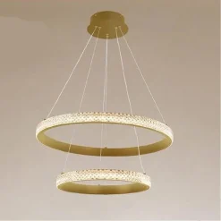 LAMPADARIO A SOSPENSIONE LED 60W 2 CERCHI ANELLI CRISTALLO TELECOMANDO ORO 31975