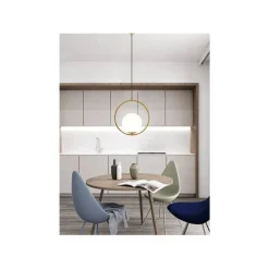 LAMPADARIO A SOSPENSIONE CERCHIO METALLO CON SFERA VETRO BIANCO ATTACCO E27 ORO 32811
