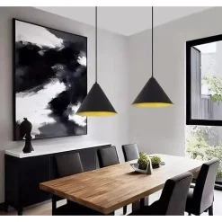 LAMPADARIO A SOSPENSIONE E27 FERRO PARALUME MODERNO CONTEMPORANEO CONO NERO ORO 33351