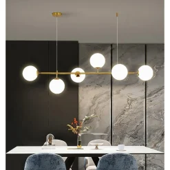 LAMPADARIO A SOSPENSIONE ORO CON 6 SFERE BOLLE BIANCHE IN VETRO ATTACCO G9 33726