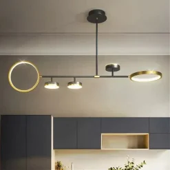 LAMPADARIO A SOSPENSIONE LED 37W CON 5 CERCHI ORIZZONTALE NERO ORO LUCE NATURALE 71354