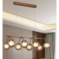 LAMPADARIO A SOSPENSIONE 8 SFERE IN VETRO AMBRA LAMPADA METALLO ATTACCO G9 A04-8