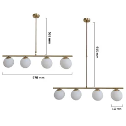 LAMPADARIO A SOSPENSIONE ORO CON 4 SFERE BOLLE BIANCHE IN VETRO ATTACCO G9 33917