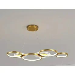 LAMPADARIO A SOSPENSIONE LED ORO 65W 6 ANELLI LUMINOSI MODERNO CON TELECOMANDO 71422