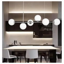 LAMPADARIO A SOSPENSIONE ARGENTO CON 6 SFERE BOLLE BIANCHE IN VETRO ATTACCO G9 33733