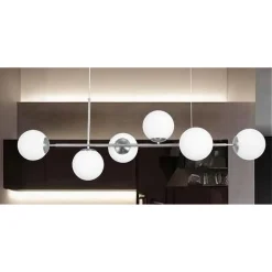 LAMPADARIO A SOSPENSIONE ARGENTO CON 6 SFERE BOLLE BIANCHE IN VETRO ATTACCO G9 33733