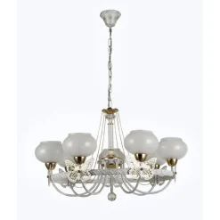 LAMPADARIO CLASSICO BIANCO ANTICATO SHABBY CHIC LAMPADA 7 COPPE CON FARFALLE 92433