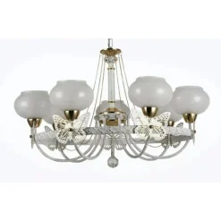 LAMPADARIO CLASSICO BIANCO ANTICATO SHABBY CHIC LAMPADA 7 COPPE CON FARFALLE 92433