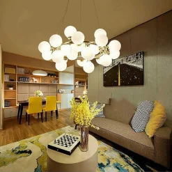 LAMPADARIO CONTEMPORANEO IN METALLO BRONZO A SOSPENSIONE 25 SFERE VETRO G9 B87