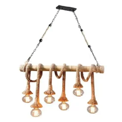 LAMPADARIO COUNTRY 6 PORTALAMPADA E27 LAMPADA SOFFITTO VINTAGE LEGNO CORDA B23-6