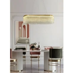 LAMPADARIO LED SOFFITTO SOSPENSIONE CONTEMPORANEO CRISTALLI OVALE DORATO LP-29