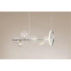 LAMPADARIO MODERNO A SOSPENSIONE ARGENTO 7 SFERE G9 BOLLE IN VETRO CON CERCHIO 71690