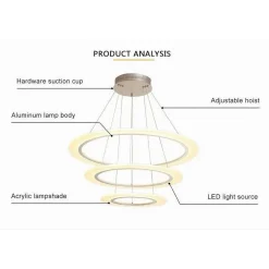 LAMPADARIO MODERNO LED A SOSPENSIONE 68W 3 CERCHI REGOLABILE DIMMERABILE A66-B3C