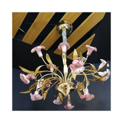 LAMPADARIO PENDENTE CON FIORI ROSA ACCIAIO ORO VETRO LUCE SOSPENSIONE SOFFITTO
