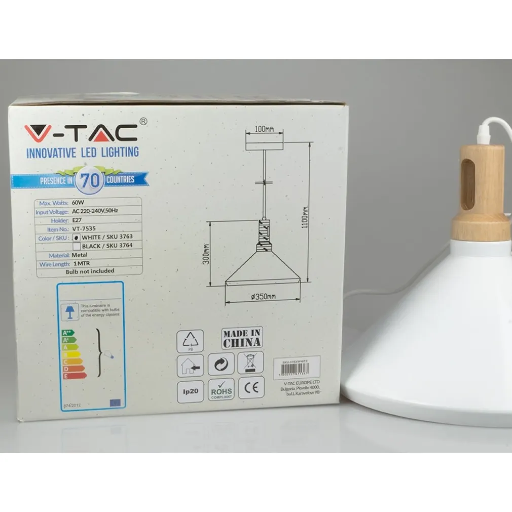 LAMPADARIO PENDENTE LAMPADA A SOSPENSIONE PARABOLA BIANCA BASE IN LEGNO VT-7535