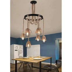 LAMPADARIO SOSPENSIONE CON CORDE CANAPA CERCHIO METALLO VINTAGE ATTACCO E27 A90-6