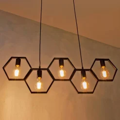 LAMPADARIO SOSPENSIONE GEOMETRICO ESAGONALE E27 INDUSTRIALE NERO VINTAGE LP-89N