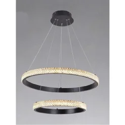 LAMPADARIO SOSPENSIONE LED 60 W 2 CERCHI ANELLI CRISTALLO TELECOMANDO NERO 31968