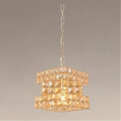 LAMPADARIO SOSPESO CUBO INTRECCIATO CON CRISTALLI LAMPADA LUCE E27 ORO 32385