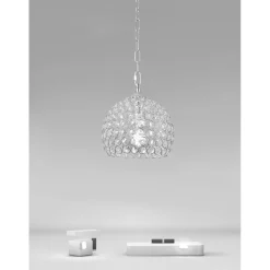 LAMPADARIO SOSPESO TONDO CUPOLA LAMPADA MEZZA SFERA CRISTALLI LUCE E27 ARGENTO 32378