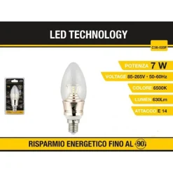 LAMPADINA A LED CANDELA C36 E14 7 WATT LUCE FREDDA 6500K ILLUMINAZIONE C36-02OF