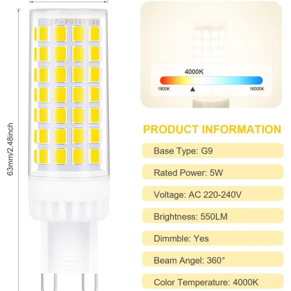 LAMPADINA FARETTO 5W LED 72 SMD 2835 ATTACCO G9 LUCE BIANCA FREDDA CALDA 220V