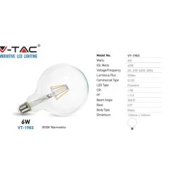 LAMPADINA GLOBO TRASPARENTE FILAMENTO A LED ATTACCO E27 6W LUCE CALDA V-TAC