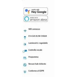 LAMPADINA INTELLIGENTE SMART G45 E14 5.5W 350LM WIFI LED RGB CCT DIMMERABILE APP